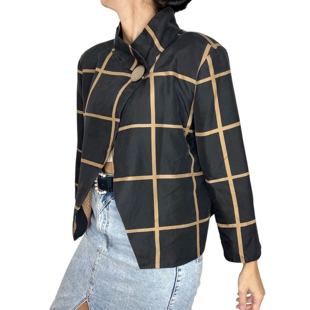 Old money pure silk black tan windowpane mock neck jacket blazer 16